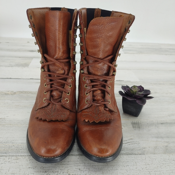 Ariat Brown Leather Lace Up Boots Heritage Roper Embossed - Picture 4 of 8